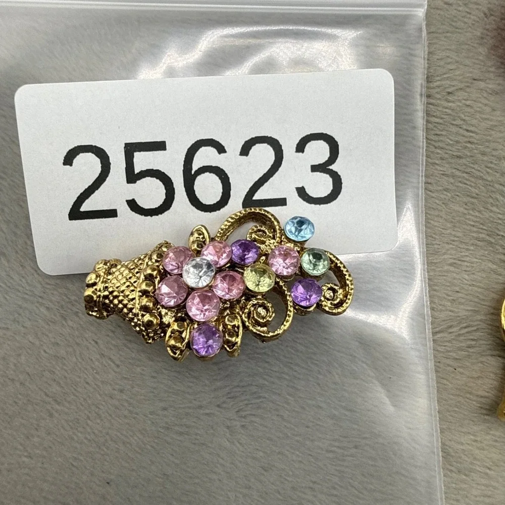 Vintage Rhinestone Brooch Flower‎ Basket Fruit Salad Gold Tone Pastel